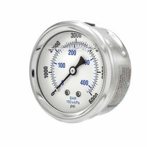 액체 충전 센터 백 마운트 압력 게이지 6.4cm(2.5인치) 다이얼 0-6000 PSI 0.6cm(1/4인치) 수 NPT 연결 스테인리스 스틸 케이스 및 베젤 (1) 46, 1