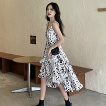 프렌드영 여름뷔스티에원피스 빅사이즈 언발 끈나시 디자인 감각 보이핏 볼륨 페블럼라인 플라워 여성 뚱뚱한 달콤하고 맵다