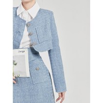 블루 트위드 자켓 스커트 투피스 셋업 노카라 레이스 하객룩