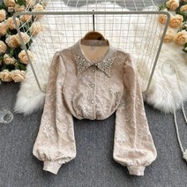 펀칭블라우스 스퀘어넥 오프숄더 크롭 퍼프 민소매 쉬폰 여름 반팔 프릴 여성 셔츠 프랑스