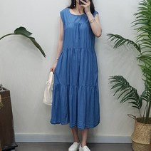 제이후 루즈핏 데님 나시 셔링 캉캉 플레어 청 롱원피스