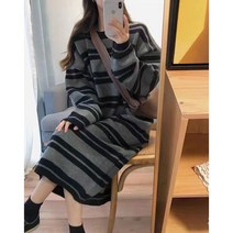 HXT 단가라 롱 니트원피스 라운드 겨울 원피스 스트라이프 데일리 여성의류