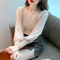 쉬폰 니트 여성 가을 긴팔 브이넥 기질 상의 스타일리쉬한 코디
