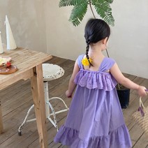 PigPug 한국 아동복 22 여름 여자 원피스 순색 레이스 스트랩 스커트 면 스커트