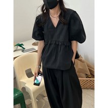 바스락블라우스 반팔 퍼프소매 러플블라우스 셔링