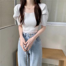 벨르 5부 스퀘어넥 퍼프 골지 니트 반팔티 슬림핏 E-C043