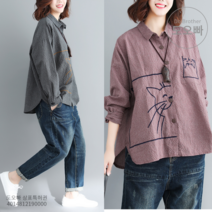 도오빠 여성 체크 셔츠 빅사이즈 남방 고양이 블라우스 긴팔 카라셔츠 가을 여자셔츠