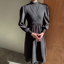 나인 (OP-5509)니트 믹스드 랩 실루엣 원피스