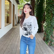토마토팩토리 여성용 모노포토 프린팅 데일리 루즈핏 크롭 긴팔 티셔츠(3color)