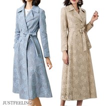 JUSTFEELING 고급 미디엄 자수 코트 레이스 트렌치 롱코트 봄가을 중년여성 코트 플라워 여성코트