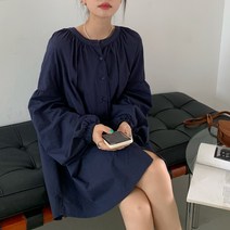 BANHANY 츠키 여리핏 루즈핏 셔링 라운드 소매 퍼프 긴팔 미니 원피스 2color 22082415