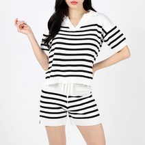 순이들 여성 단가라 스트라이프 카라 반팔 반바지 트레이닝세트
