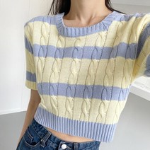5컬러 캐치 크롭 꽈배기 스트라이프 반소매 니트 티 [KBK-1109]