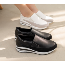 신알지[천연 가죽수제화] 여성용 에어창 키높이 4cm 가벼운 발편한 쿠션좋은 신기편한 밴드 기본 슬립온 스니커즈 단화 운동화