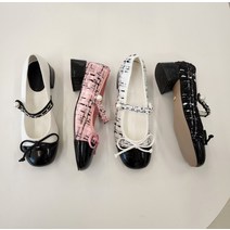 마론 트위드 진주 체인 미들굽 플랫 로퍼슈즈