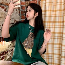 2022 여름 순면 미디엄 롱 루즈 bf 스타일 러블리 데이 스타일 곰돌이 프린트 반팔 티셔츠 블라우스 트렌드