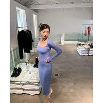 가을 연보라색 슬림핏 힙라인 니트 원피스 롱스커트