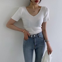 클로슈W / 가녀린 양브이 골지 반팔 티셔츠 (5color)
