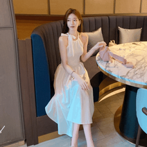 [자체제작] 제니엘 홀터넥 리본 화이트 플레어 롱 원피스 휴양지 바캉스