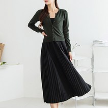 헤링본 여성 레이어드 원피스 나시 민소매 플리츠 플레어 블랙 데일리룩 HE091