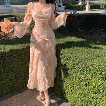 플라워 쉬폰 프릴 오프숄더 캉캉 롱 원피스