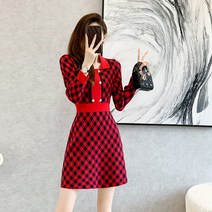 블링앤수 여성 하객룩 일반카라 니트 체크 원피스 KZZ450