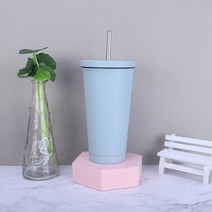 500ml 스테인리스강 빨대컵 더블 진공커피컵 304 보온컵 차량용 물컵 버블티 덮개 콜드컵 보온 보냉 커피 텀블러, 800ml, 연한 남색