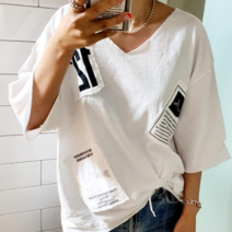 호정샵 (당일출고 )*국내생산* 여성용 봄 여름 가을 브이넥7부 반소매 면100% 티셔츠 빅사이즈 루즈핏 민무늬티셔츠