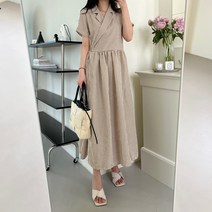 시어서커 링클 프리 고방 체크 카라 랩 리본 롱 지짐이 원피스