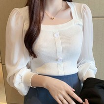 데일리 여성 스퀘어넥 쉬폰 소매 니트 블라우스 셔츠 남방 면접 오픈 정장 여자 꽃무늬 상의 숄드