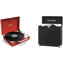 LP 스피커가 내장된 victrola 빈티지 3단 블루투스 휴대용 해외 브랜드 턴테이블, 레드 리 스핀, 레코드 플레이어 + 보관 및 운반 케이스