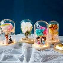LED 무드등 프리저브드 꽃 부케 감성 원목 유리돔 여자 친구 생일 빼빼로데이 선물, LED눈꽃플라워