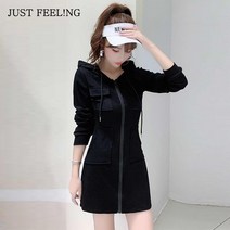 JUST FEEL!NG 봄 가을 긴팔 맨투맨원피스 집업 후드 캐주얼 슬림핏 미니 후드티 롱원피스 롱티셔츠 원피스