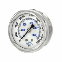 액체 충전 센터 백 마운트 압력 게이지 6.4cm2.5인치 다이얼 0-15000 PSI 0.6cm1/4인치 수 NPT 연결 스테인리스 스틸 케이스 및 베젤 1102915, 1