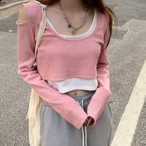 [랜덤플레이] 나시 레이어드 어깨트임 크롭 티