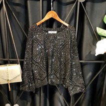 스팽글 반짝이 글리터 니트 유럽역 시크 여신 반짝반짝 핫픽스 니트ins풍 와이드 펀칭 볼 블라우스녀