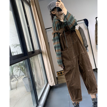 JUSTFEELING 여성용 심플 골덴 멜빵바지 주머니 오버핏 무지 세미 스트레이트핏 코듀로이 점프수트