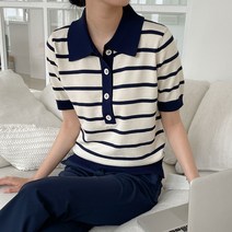 블루레몬 배색카라니트 여성니트반팔티 여름반팔니트 네이비 스트라이프반팔니트 마린룩 시원한여름 포인트카라 캐주얼 휴가룩 바캉스룩 10대여성 20대여성 30대여성