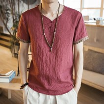 남자박스반팔티 빅사이즈 차이나 면린넨 t셔츠 클래식 와이드 루즈핏 티셔츠 단추 남성의류 마소재 1809794588