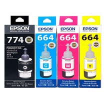 [EPSON] 완전 정품 L605 무한 프린터 충전용 T774검정+T664칼라 정품 4색 잉크 세트 검정 파랑 빨강 노랑 세트, L605프린터용 정품 T774검정+T664칼라4색세트