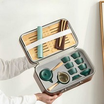 이동식 여행용 다기세트 찻잔 다관 다도세트 휴대, 진한 녹색(사각냄비 휴대용 여행용 차 세트)