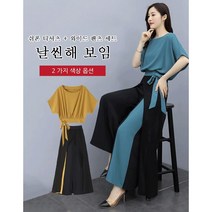 여성 티셔츠+와이드 팬츠 세트 여성 쉬폰 블라우스 티셔츠 와이드 팬츠 세트 심플 편한 여름 세트