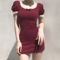 퍼프소매원피스 FUNOFF 밥인지 프렌치 클래식 스퀘어넥 여성 여름 허리보정 니트 러블리 2489591839
