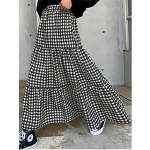타탄체크스커트 A라인 봄 여름 체크 무늬 코튼 여성 스커트 긴 깅엄 신축성 허리 계층 형 Pleated Rokjes DamesSkirts Ladies Rokje Spodniczka