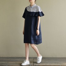 2단 프릴넥 린넨 원피스 스트라이프 레이어드 반팔 여름 드레스 운동화코디스커트