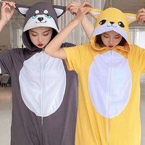 66 원피스 편안한 77 88 빅사이즈 해외 동물잠옷 봄 여름 동물 만화 원피스 잠옷 반팔 남성과 여성 면화 귀여운 커플 착용 허스키