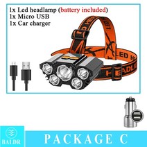 baldr usb 충전식 헤드램프 휴대용 5led 헤드라이트 내장 배터리 토치 휴대용 작업등 낚시 캠핑 헤드 라이트, 헤드램프 c, 에게