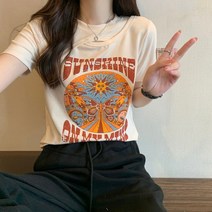 정말이쁜 슬림 핏 슬리밍 반팔 티셔츠 큰 사이즈 라운드 넥 프린트 탑 여성용 여름 패션