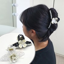 별나라공주 자개 비즈 플라워 집게핀 블랙+화이트 2개 세트 11cm 머리핀
