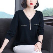 Makone 여자 봄가을 상의풀오버브이넥긴팔니트상의여블랙멀티원컬러심플캐주얼루즈핏아웃티셔츠